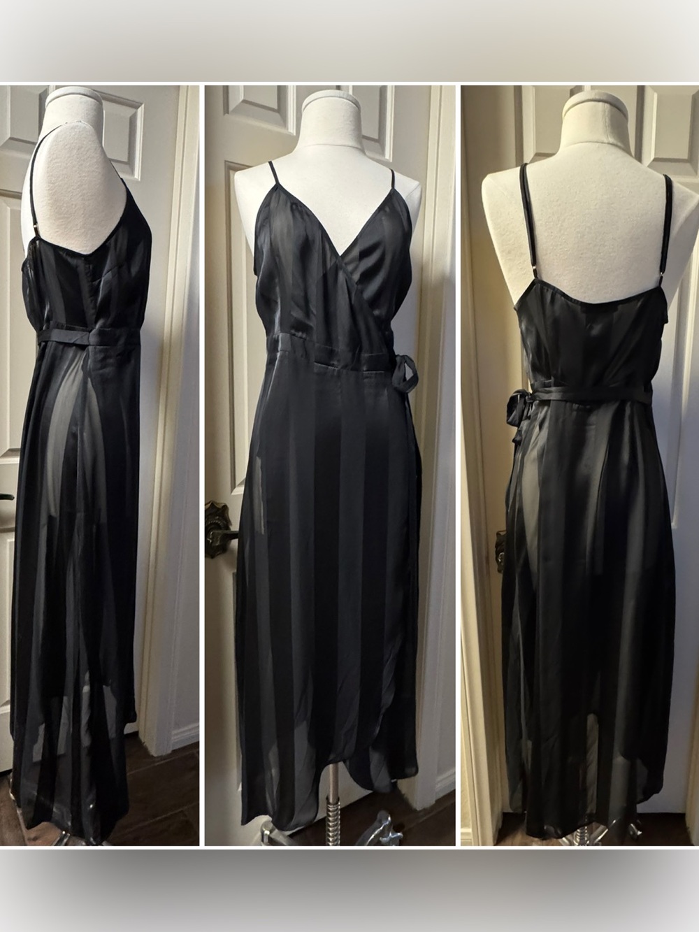Forever 21 Black Sheer & Satin Stripe Slip Maxi Wrap Dress w/ Spaghetti Straps